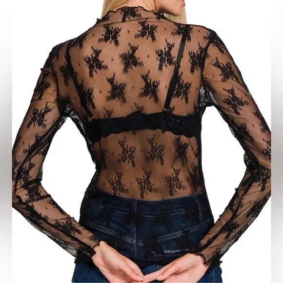 Black Embroidered Lace Long Sleeve Top - Picture 3 of 4